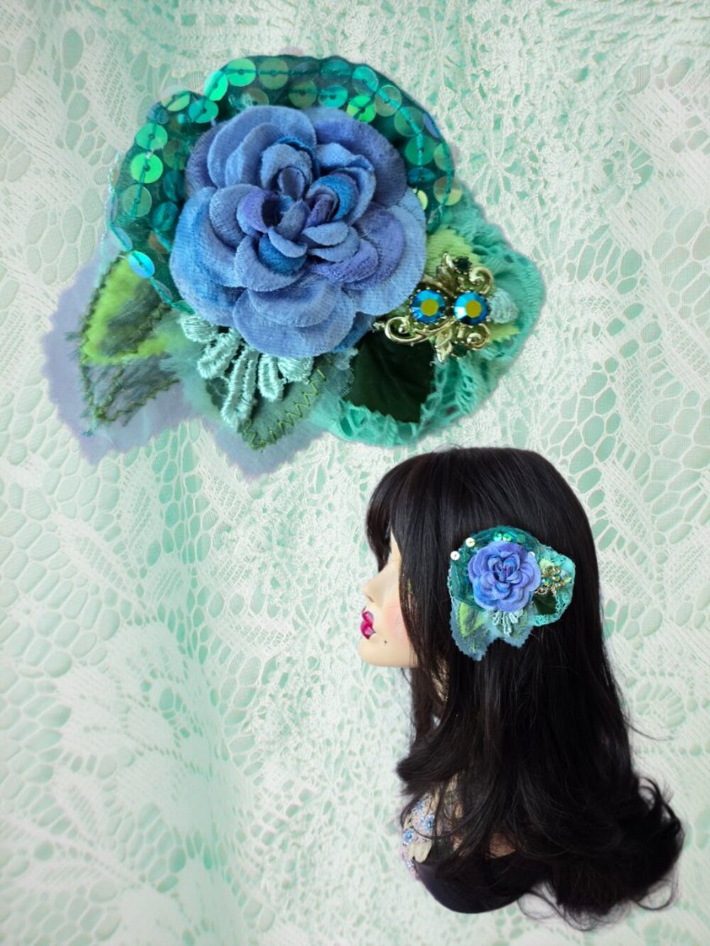 Handmade Lilac Velvet Rose and Aqua Sea Green Sequin Hair Clip  Mermaidcore